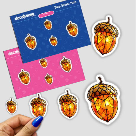 Acorn Stained Glass Art featuring intricate glass acorns and vibrant stickers, available as unique stickers or digital artwork, reflecting Decal Venue's collection of distinctive handcrafted designs.