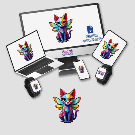 A Cute Geometric Fairy Cat displayed on various digital screens and devices, showcasing this unique sticker and digital artwork available at Decal Venue.