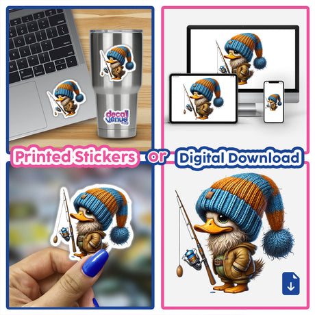 Duck Gnome with Fishing Rod collage featuring a cartoon duck wearing a hat, holding a fishing rod, and using a laptop. Available as stickers or digital artwork.