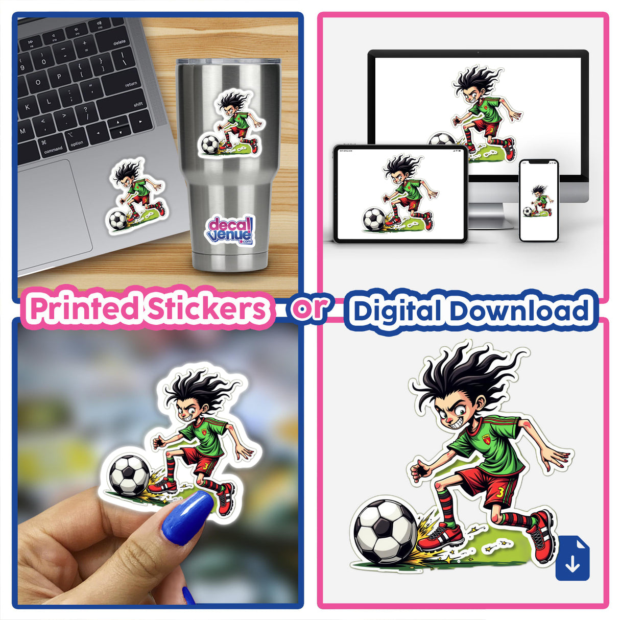 Collage of 'Fome de Bola' images featuring a cartoon boy kicking a football, available as stickers or digital artwork.