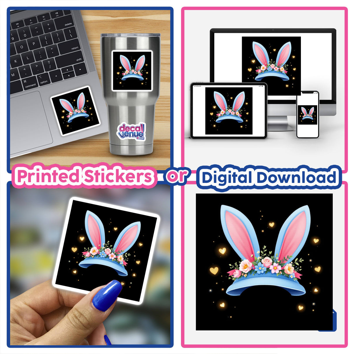 Blue Easter Bonnet with Gold Hearts sticker on a laptop, showcasing unique design elements like bunny ears and flowers, reflecting Decal Venue's focus on distinctive vinyl stickers and digital art.