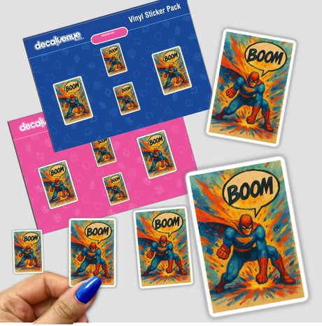 Boom Gouache Comic Book Sticker or Clipart featuring a motivational superhero, available with commercial rights. Perfect for digital artwork or as stickers, embodying Decal Venue's unique artistic flair.