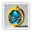 Ocean Depths Underwater Cave Inside a Lemon: A detailed illustration featuring fish, coral, and mushrooms within a lemon, available as stickers or digital artwork.