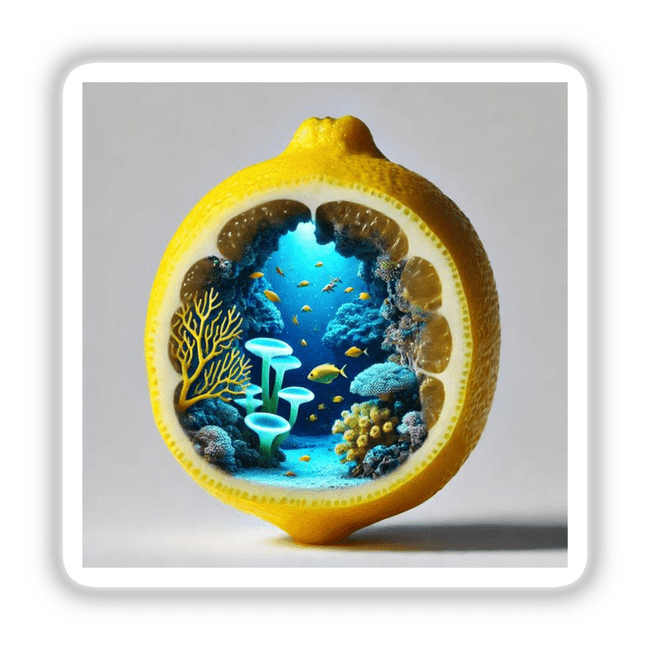 Ocean Depths Underwater Cave Inside a Lemon: A detailed illustration featuring fish, coral, and mushrooms within a lemon, available as stickers or digital artwork.