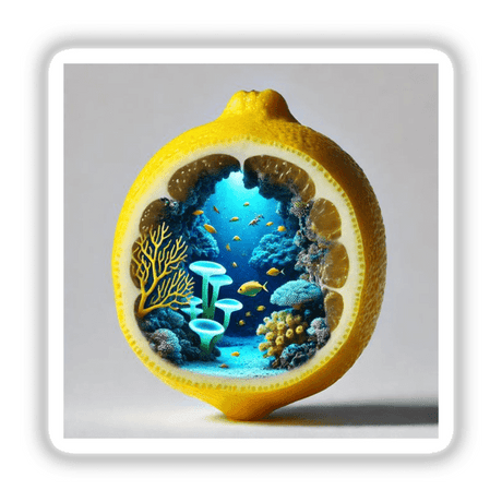 Ocean Depths Underwater Cave Inside a Lemon: A detailed illustration featuring fish, coral, and mushrooms within a lemon, available as stickers or digital artwork.