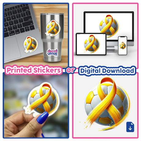 Collage featuring the Soccer Ball Yellow Ribbon design, showcasing a football ball adorned with a yellow ribbon in various settings, emphasizing its playful and sporty appeal.