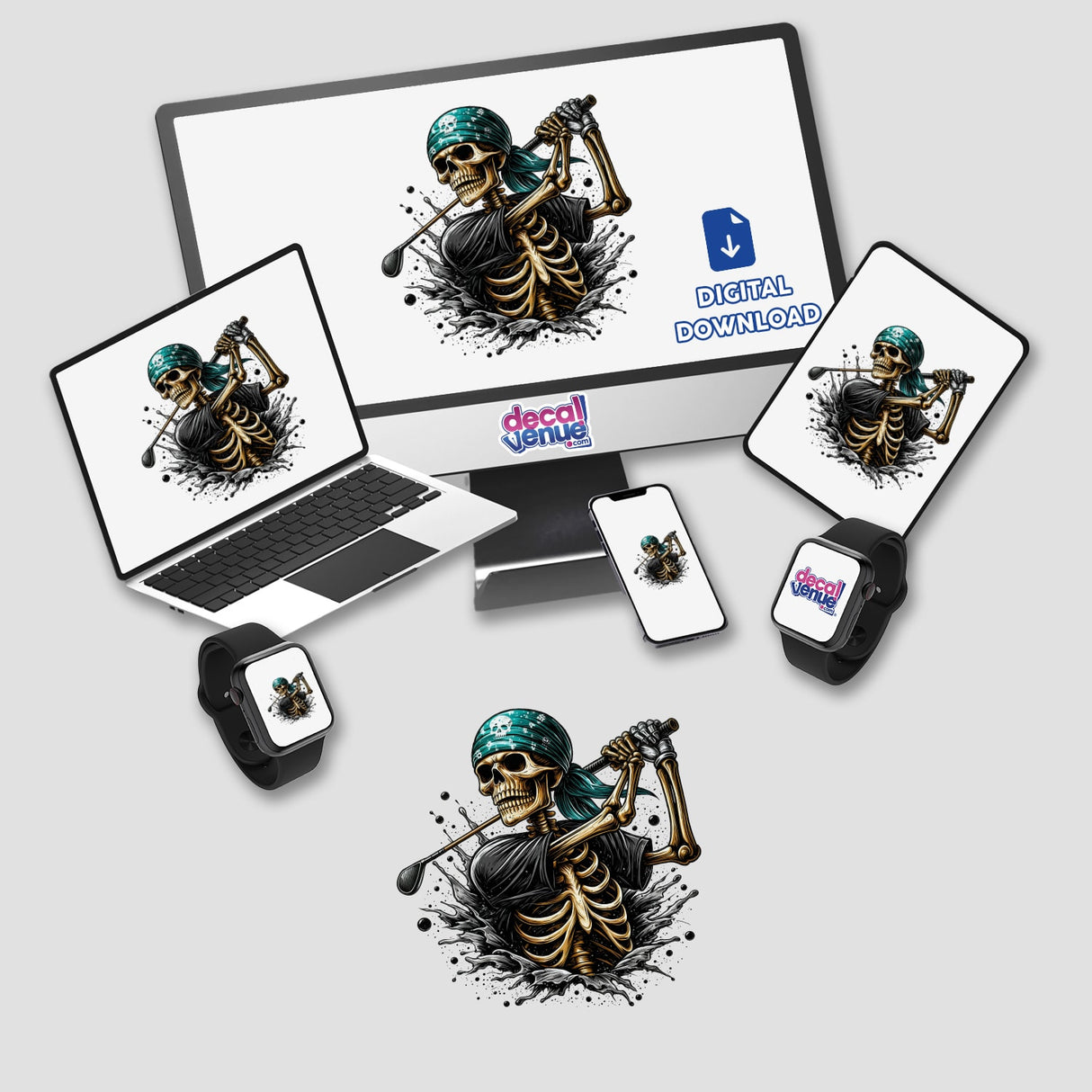 Bandana Skeleton Swinging Golf Club displayed on a computer monitor and laptop screen. Available as stickers or digital artwork from Decal Venue.