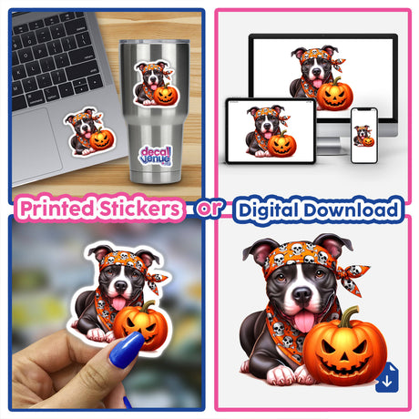 Cute Halloween Pitbull Dog digital artwork featuring a pitbull wearing a bandana and holding a pumpkin, displayed on various devices and product mockups.
