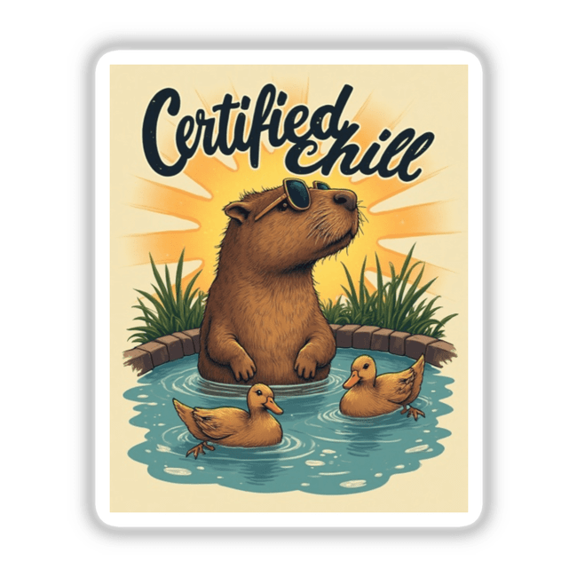 Certified Chill Sticker or Clipart with Commercial Rights - Capybara Hot Tub Design features a cartoon capybara wearing sunglasses, lounging with ducks in a pool, emphasizing relaxation and whimsy.