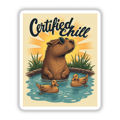 Certified Chill Sticker or Clipart with Commercial Rights - Capybara Hot Tub Design features a cartoon capybara wearing sunglasses, lounging with ducks in a pool, emphasizing relaxation and whimsy.