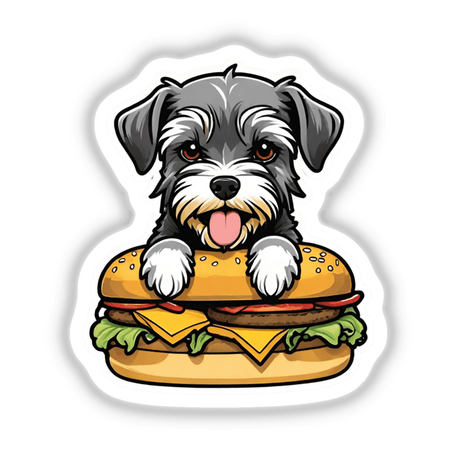 Adorable Schnauzer dog with cheeseburger digital artwork for Decal Venue store