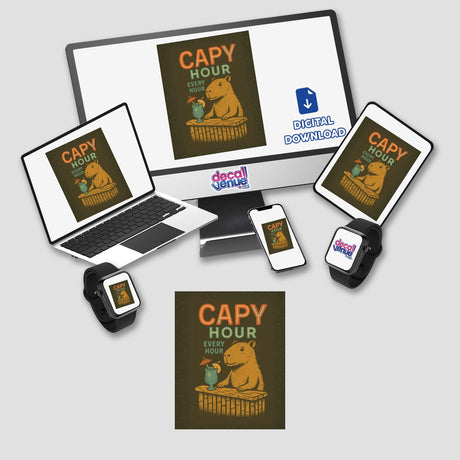Capy Hour Sticker or Clipart with Commercial Rights features a whimsical capybara at a tropical bar, perfect for unique vinyl sticker enthusiasts or digital art collectors.