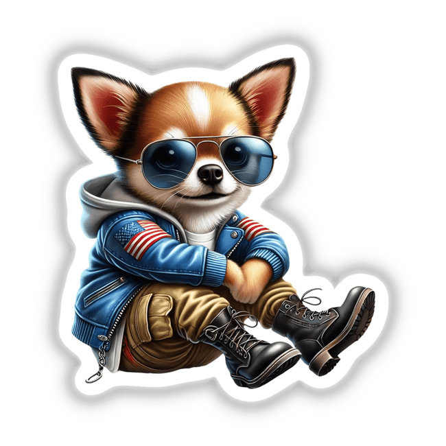 Patriotic Leather Chihuahua Aviator Sunglasses - Unique digital art sticker or downloadable design from DecalVenue featuring a Chihuahua wearing patriotic-themed sunglasses and jacket.