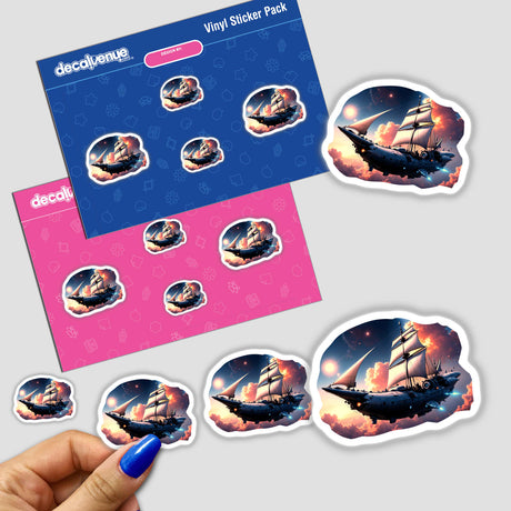 A Cool Retro Pirate Sailing Spaceship sticker, featuring a whimsical ship with sails amidst clouds, held by a hand, available as stickers or digital artwork.