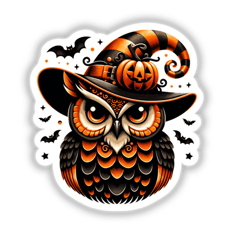 Vibrant Halloween owl in witch hat: Whimsical digital artwork featuring a colorful owl wearing an orange and black striped witch hat, surrounded by spooky bats and a carved pumpkin. This unique sticker design captures the spirit of the holiday.