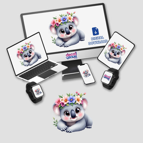 Adorable Koala with a Floral Crown displayed on a monitor and laptop, featuring playful koala artwork, ideal as vinyl stickers or digital art from Decal Venue.