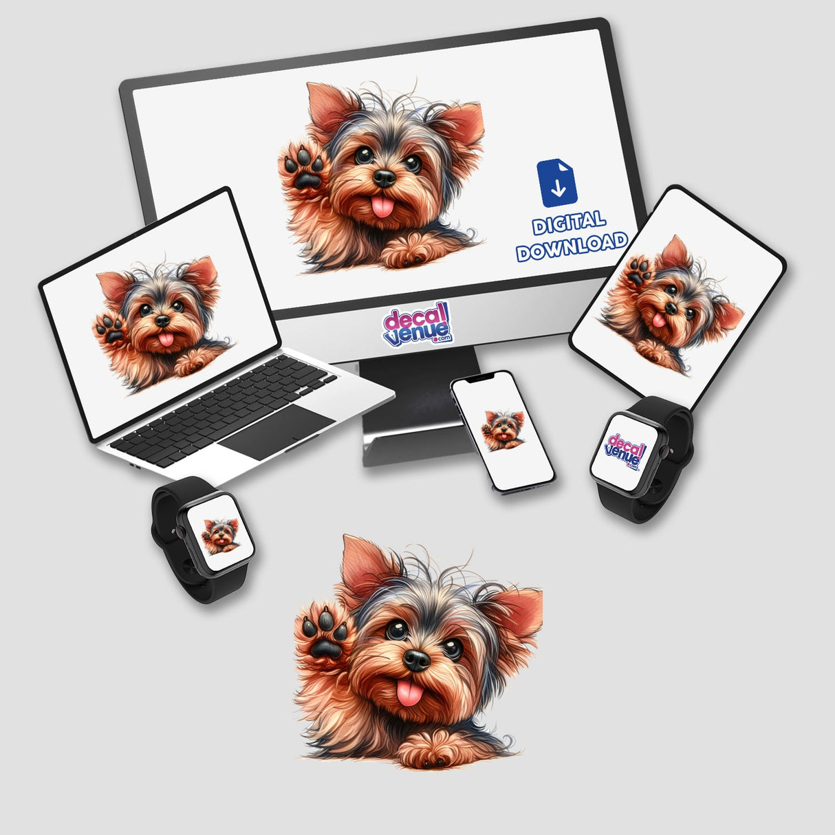 Peeking Yorkie Dog Waving Hello displayed on a computer monitor and laptop screen. Available as Stickers or Digital Artwork.