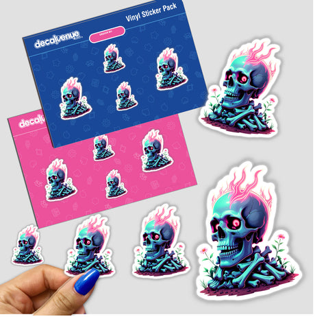 Sticker pack featuring A Skull And Bones On Fire, showcasing detailed skulls with flames, available as both physical stickers and digital artwork from Decal Venue.