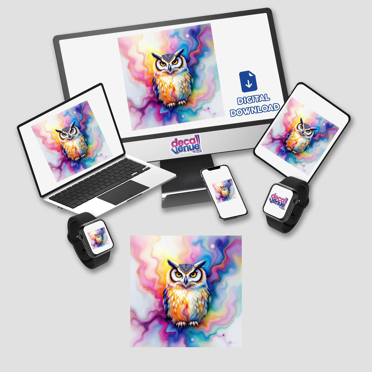 Owl Alcohol Ink Design displayed on various devices, featuring vibrant owl illustrations, available as stickers or digital artwork from Decal Venue.