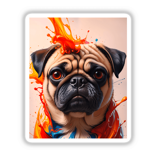Cute Pug - Animal Portrait featuring a close-up of a pug with splashes of paint, available as stickers or digital artwork, capturing the playful essence of Decal Venue.