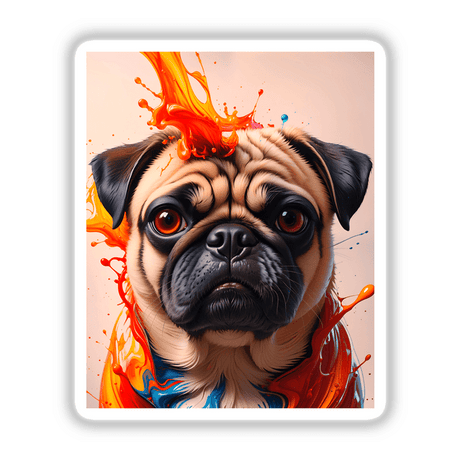 Cute Pug - Animal Portrait featuring a close-up of a pug with splashes of paint, available as stickers or digital artwork, capturing the playful essence of Decal Venue.