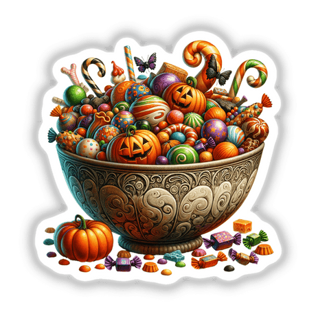Vibrant bowl of Halloween treats and decorations including pumpkins, candies, and colorful embellishments in an ornate ceramic bowl.