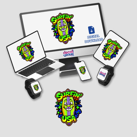 a laptop, phone, and other electronic devices with stickers on them