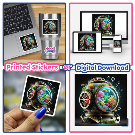 Deep Sea Dreams - Coral Reef Inside a Diver’s Helmet collage features a submarine, laptop, fish tank, and underwater scenes, available as stickers or digital artwork from Decal Venue.