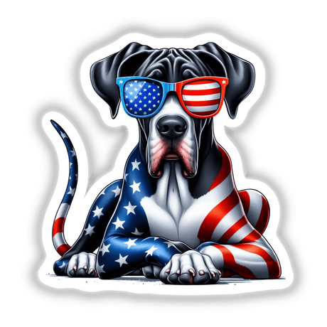 Patriotic American Flag Great Dane illustration featuring a Great Dane wearing sunglasses, available as stickers or digital artwork from Decal Venue, highlighting unique vinyl design.
