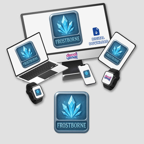 Frostborne – RPG-Style Skill Badge features a Silver Icy Crystal Emblem, available as a sticker or digital artwork, embodying intricate design perfect for fans of unique, game-inspired decor.