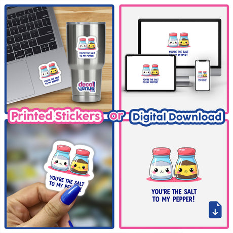 Collage featuring a laptop and cup adorned with 'You're The Salt To My Pepper Funny Love Quote' stickers, showcasing the product's playful design available at Decal Venue.