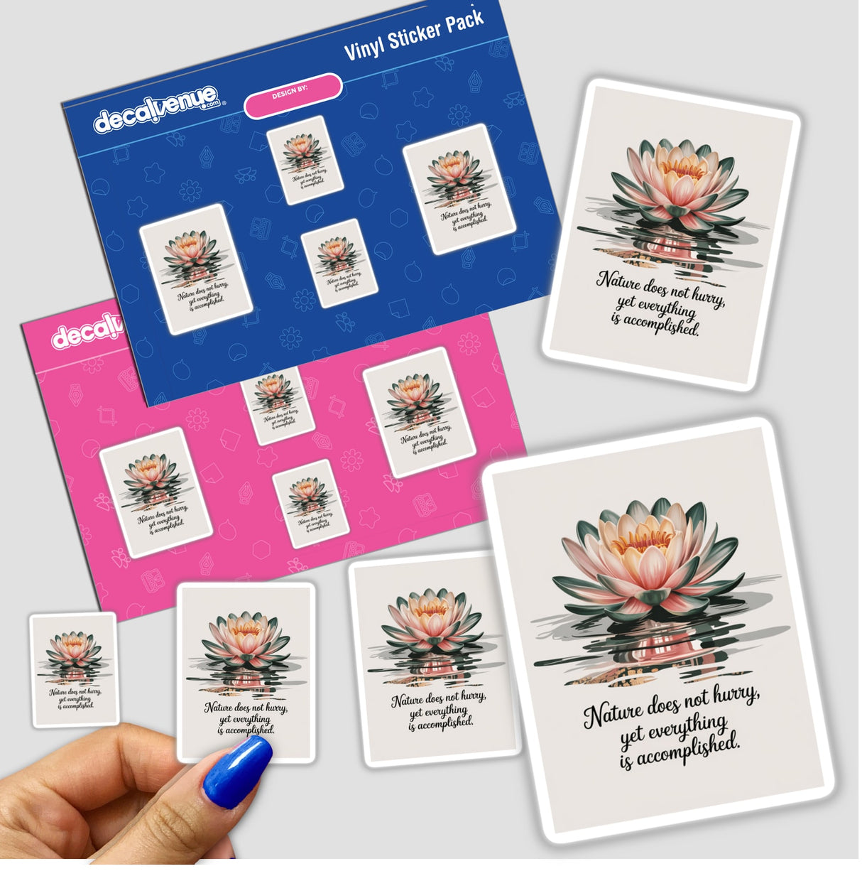 Hand holds Nature Does Not Hurry Quote Sticker or Clipart with Commercial Rights, featuring a Lao Tzu water lily design. Available as stickers or digital artwork from Decal Venue.