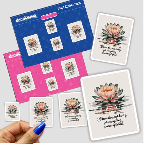 Hand holds Nature Does Not Hurry Quote Sticker or Clipart with Commercial Rights, featuring a Lao Tzu water lily design. Available as stickers or digital artwork from Decal Venue.