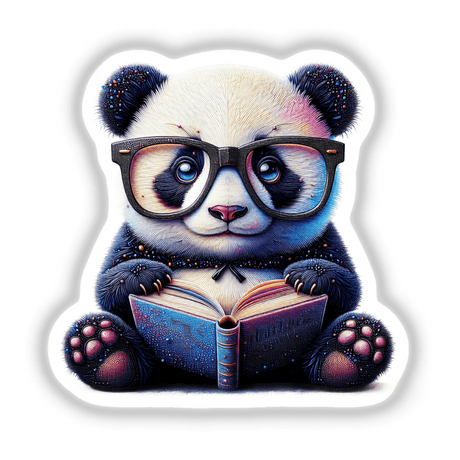 Cartoon illustration titled Panda Bear With Reading Glasses Open Book, featuring a panda engrossed in a book. Available as stickers or digital artwork from Decal Venue.