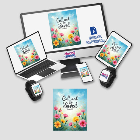 Fauvist Spring Freesia “Call and Be Saved” Romans 10:13 Sticker or Clipart featuring vibrant flowers on digital screens, available with commercial rights for unique art and sticker enthusiasts.