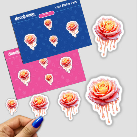 Rose Dripping Candle Wax sticker featuring a hand holding a flower, with paint cascading from the petals. Available as a sticker or digital artwork from Decal Venue.