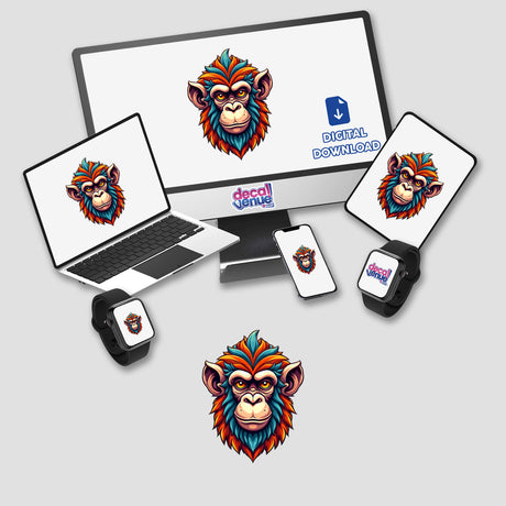 A Cool Monkey King displayed on a computer monitor and laptop, featuring a cartoon monkey with striking features. Offered as stickers or digital artwork from Decal Venue's unique collection.