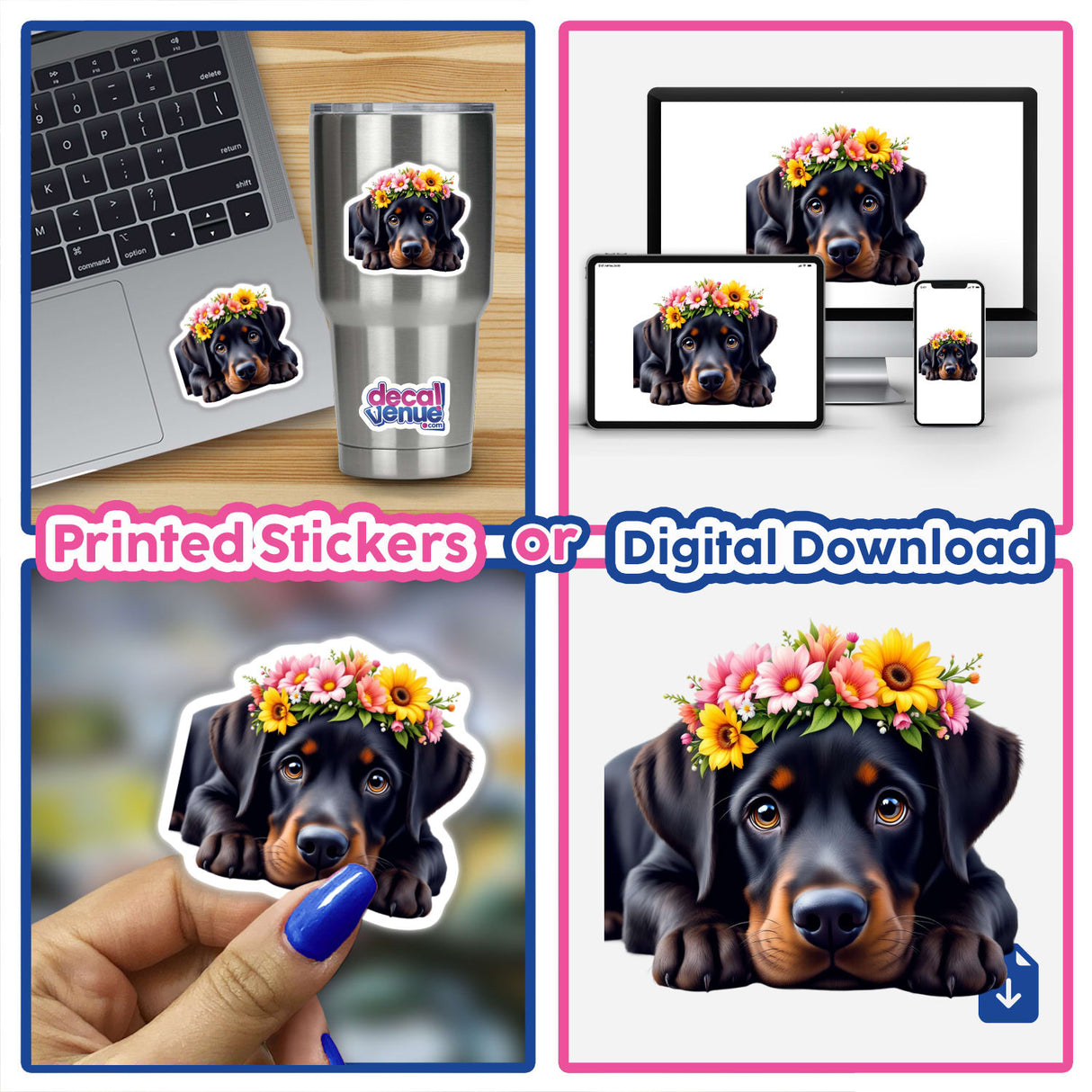 Charming Labrador Retriever wearing a floral crown, featured on a high-quality sticker. Perfect for enhancing laptops or decor, embodying the playful and whimsical essence of Decal Venue's unique art collection.