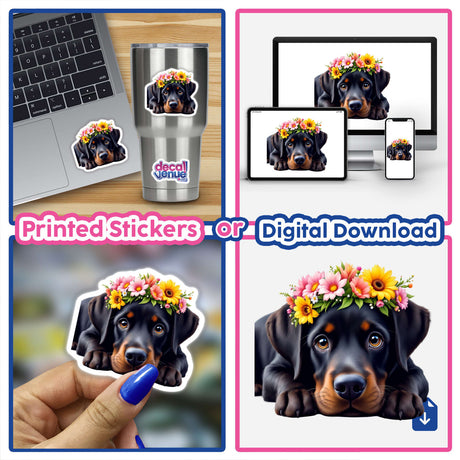 Charming Labrador Retriever wearing a floral crown, featured on a high-quality sticker. Perfect for enhancing laptops or decor, embodying the playful and whimsical essence of Decal Venue's unique art collection.