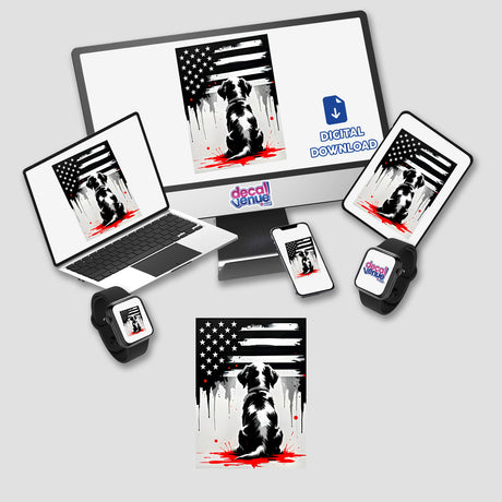 A Cute Puppy Looks At The American Flag displayed on a computer monitor, showcasing a charming design available as stickers or digital artwork from Decal Venue.