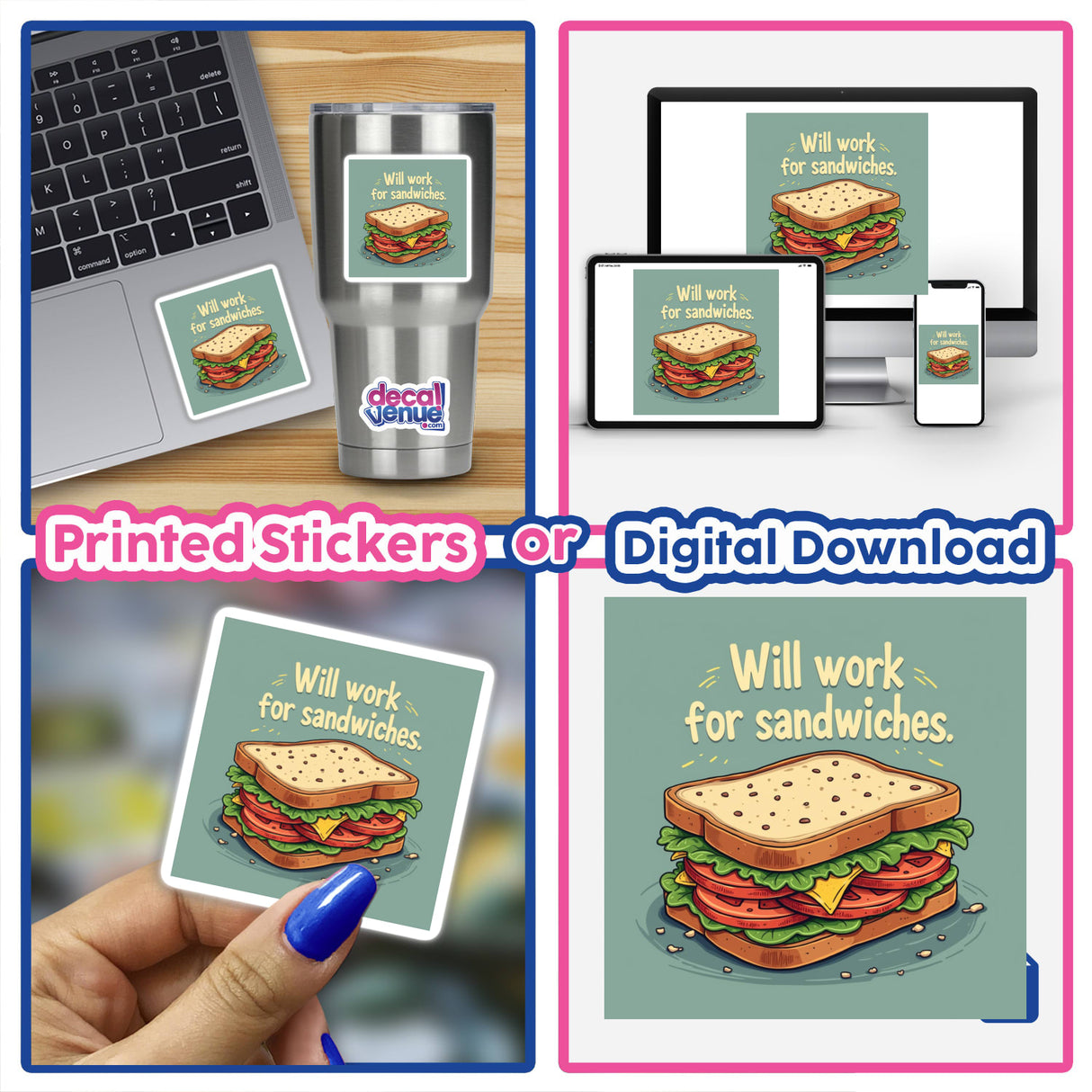 Funny Will Work for Sandwiches Sticker & Clipart featuring a cartoon sandwich with text, available as a digital download or sticker, ideal for food lovers from Decal Venue.