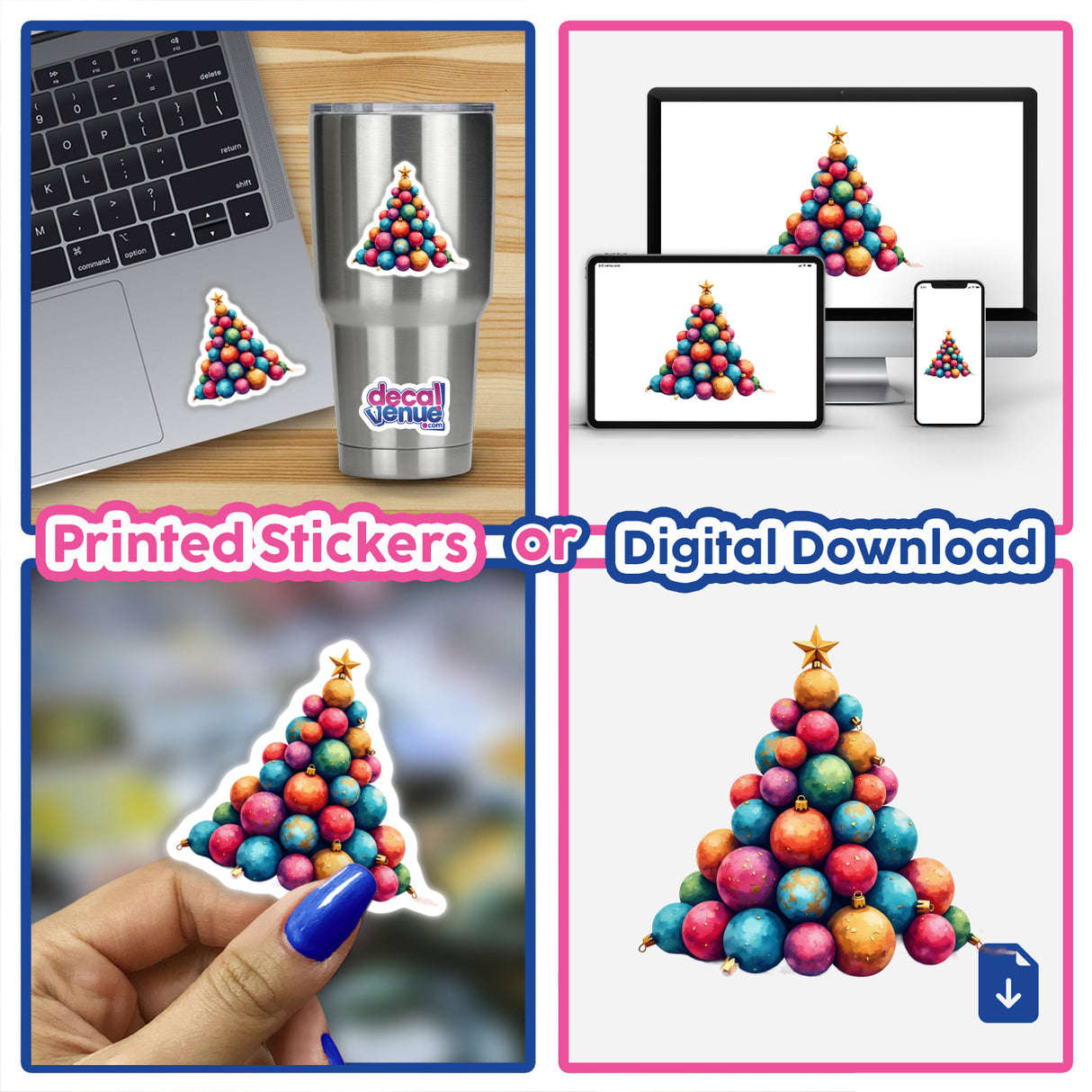 Ornament Christmas Tree stickers or digital artwork featuring a vibrant collage of Christmas tree designs, perfect for decorating laptops, mugs, and more, showcasing Decal Venue's unique style.