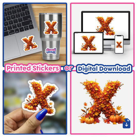 Thanksgiving Letter X Clipart featuring fall leaves and pumpkins, available as stickers or digital artwork.