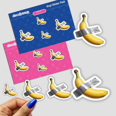 Banana Duct Tape sticker or digital artwork featuring a banana humorously secured with duct tape, highlighting Decal Venue's unique, whimsical design style.