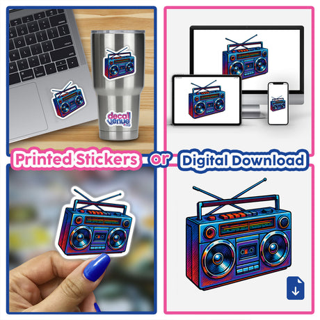Boombox Clipart PNG & Sticker – Retro 1980s Cassette Printable featured as a premium waterproof sticker on a laptop, reflecting vibrant cartoon realism ideal for enthusiasts of Decal Venue's unique vinyl art.