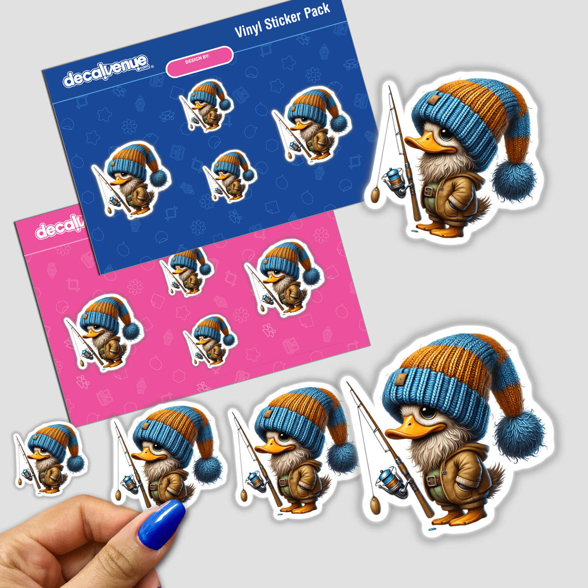 Duck Gnome with Fishing Rod sticker pack featuring cartoon ducks in various poses with fishing poles.