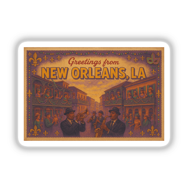 Greetings from New Orleans Postcard Sticker or Clipart features vintage jazz art, capturing iconic New Orleans imagery. Available as stickers or digital artwork with commercial rights, perfect for creative projects.