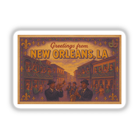 Greetings from New Orleans Postcard Sticker or Clipart features vintage jazz art, capturing iconic New Orleans imagery. Available as stickers or digital artwork with commercial rights, perfect for creative projects.