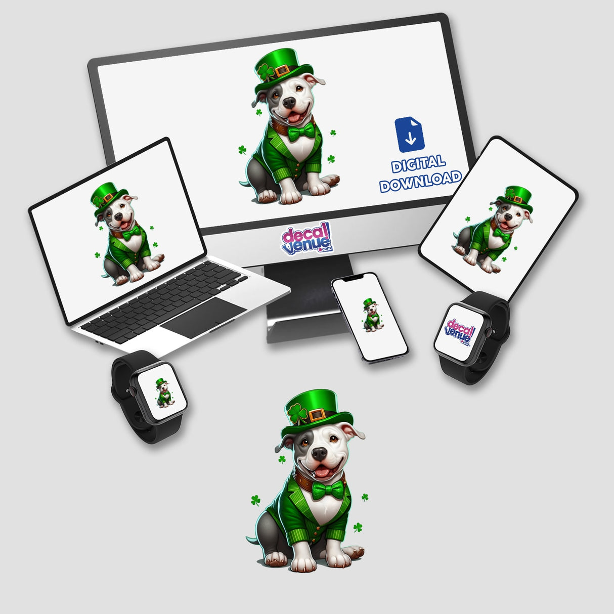 Leprechaun Pitbull Dog digital artwork and sticker featuring a cartoon dog in a green suit, bow tie, and hat, displayed on a computer monitor and laptop screen.