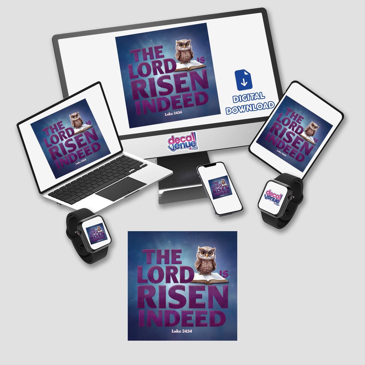 The Lord Is Risen Indeed Owl Christian Sticker featuring a cartoon owl with glasses, designed for Resurrection Sunday, inspired by Luke 24:34, available as stickers or digital artwork.